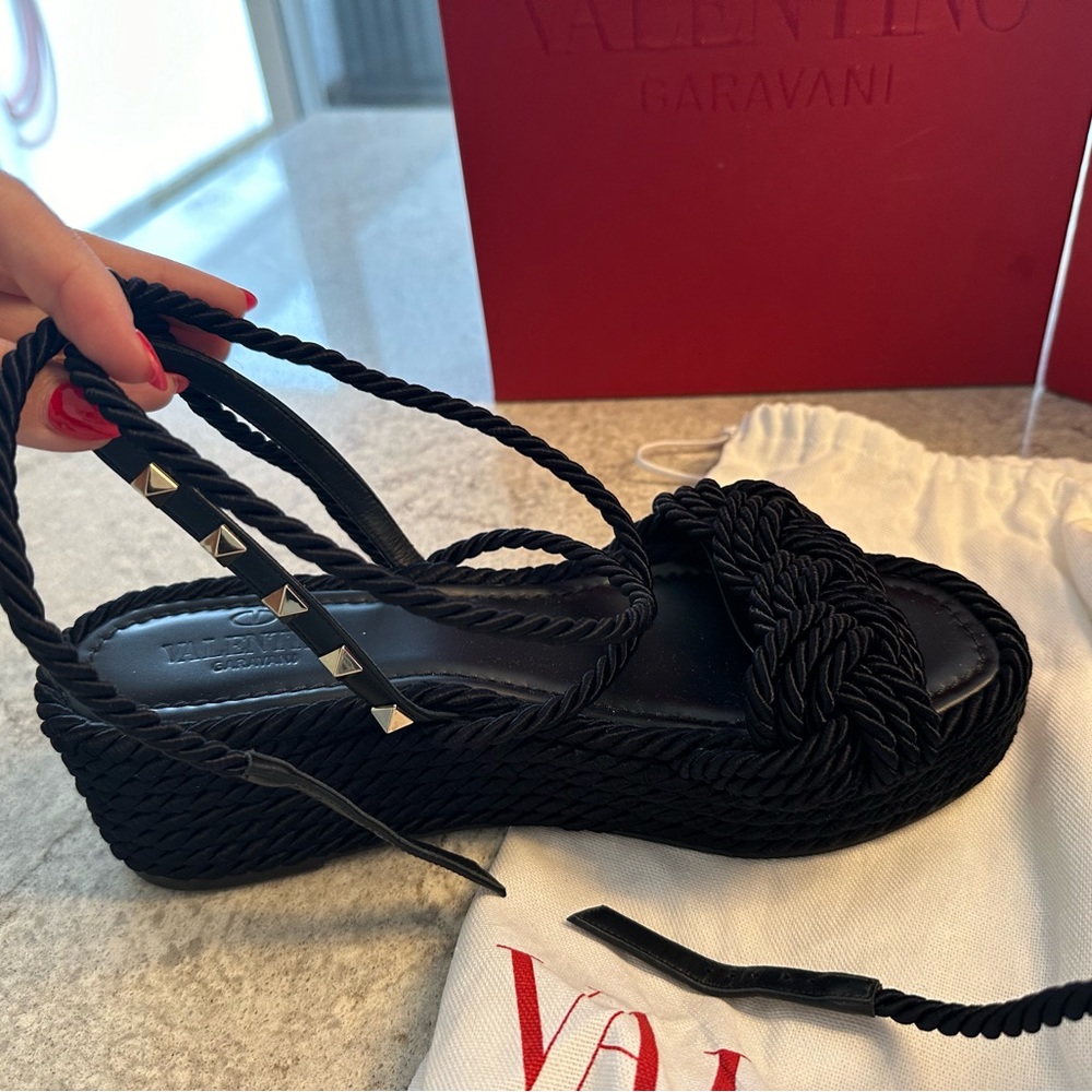 Valentino Garavani Black Rope Wedge Sandals
